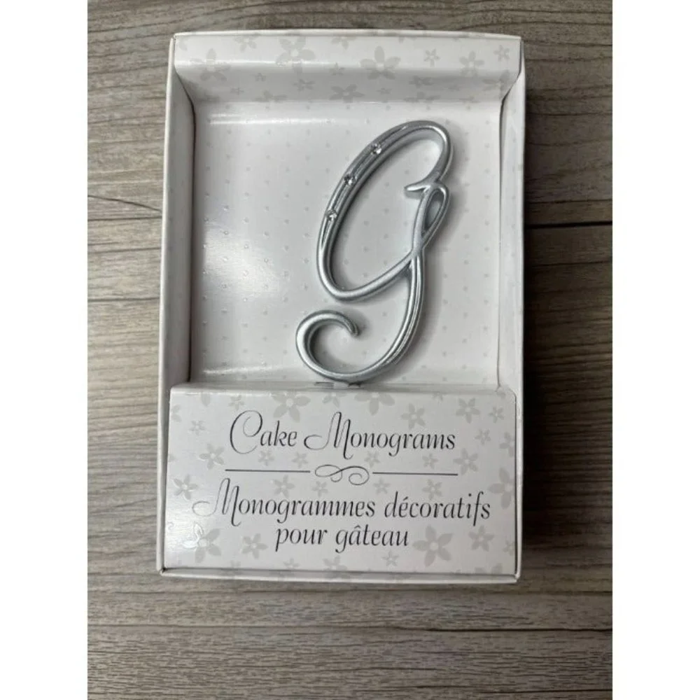 Wedding Small G Silver Finish Monogram Initial Rhinestones Cake Topper